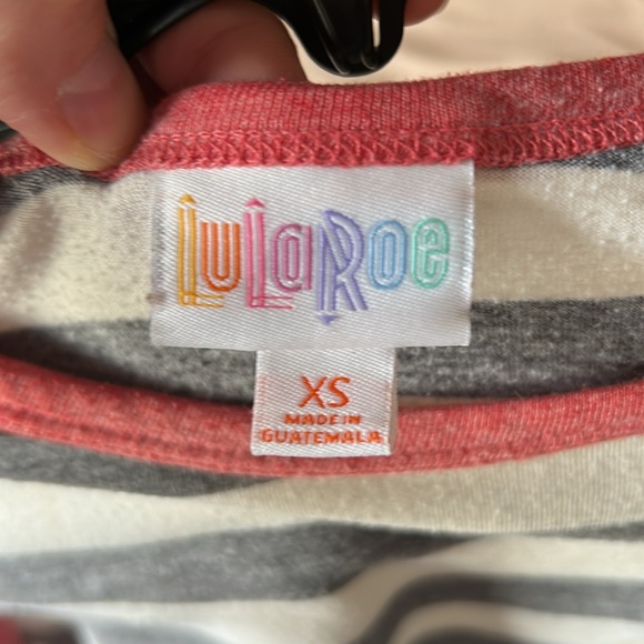 LulaRoe Striped Gray and Red Raglan Shirt, 2 spot showing on picture - Picture 5 of 5